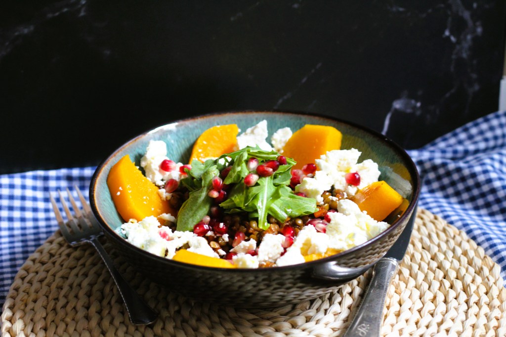 Arugula Salad with Pumpkin, Lentils, Feta, and&nbsp;Pomegranate